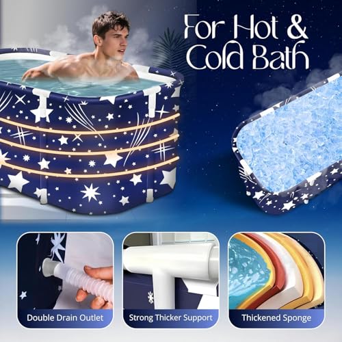 Image of Portable Foldable Adult Bathtub for Home, Large Plastic Soaking Tub with Drain Pipe, Freestanding Spa Bath Tub for Hot & Cold Bath, Balcony & Small Bathroom Use (Star Blue)