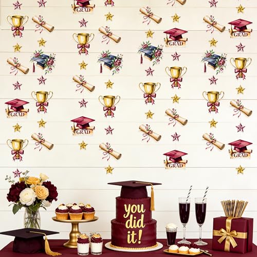 Image of Maroon Gold Graduation Party Hanging Streamer Floral Burgundy Gold Star Grad Cap Garland Banner for Congrats Grad Class of 2026 You Did It We are So Proud of You Themed Party Decorations Supplies