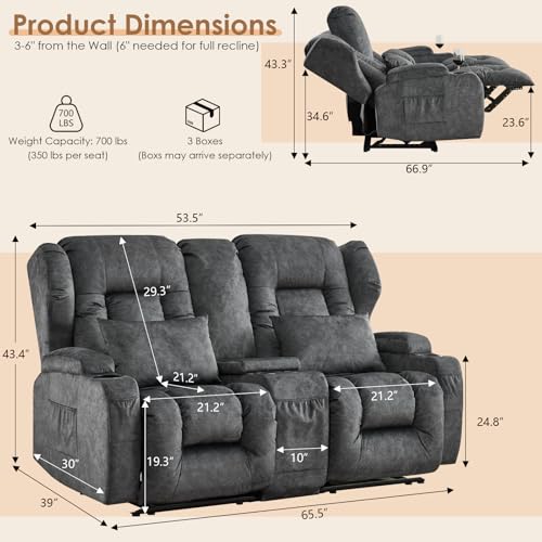 Image of SAMERY 65.5 inch Loveseat Recliner Sofa | Double Recliner Sofa & Console | Wall Hugger Loveseat Reclining RV Theater Seats | RV Couch Home Theater Seating Furniture (Velvet Charcoal)