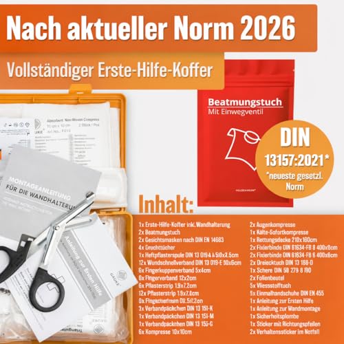 HELDENWERK® Erste Hilfe Kasten Version 2026 [DIN 13157:2021] inkl. Wandhalterung & 5x Aufkleber | Erste Hilfe Koffer für Büro, Haushalt & Gastronomie - Betrieb Verbandskasten gefüllt, Sanitätskasten