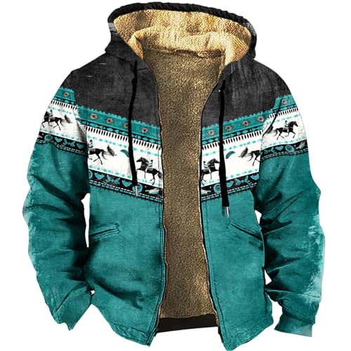 Western Cowboy Aztec Ethnic Winter Jackets for Men Vintage Graphic Sherpa Fleece Zip Up Heavy Warm Lined Coats