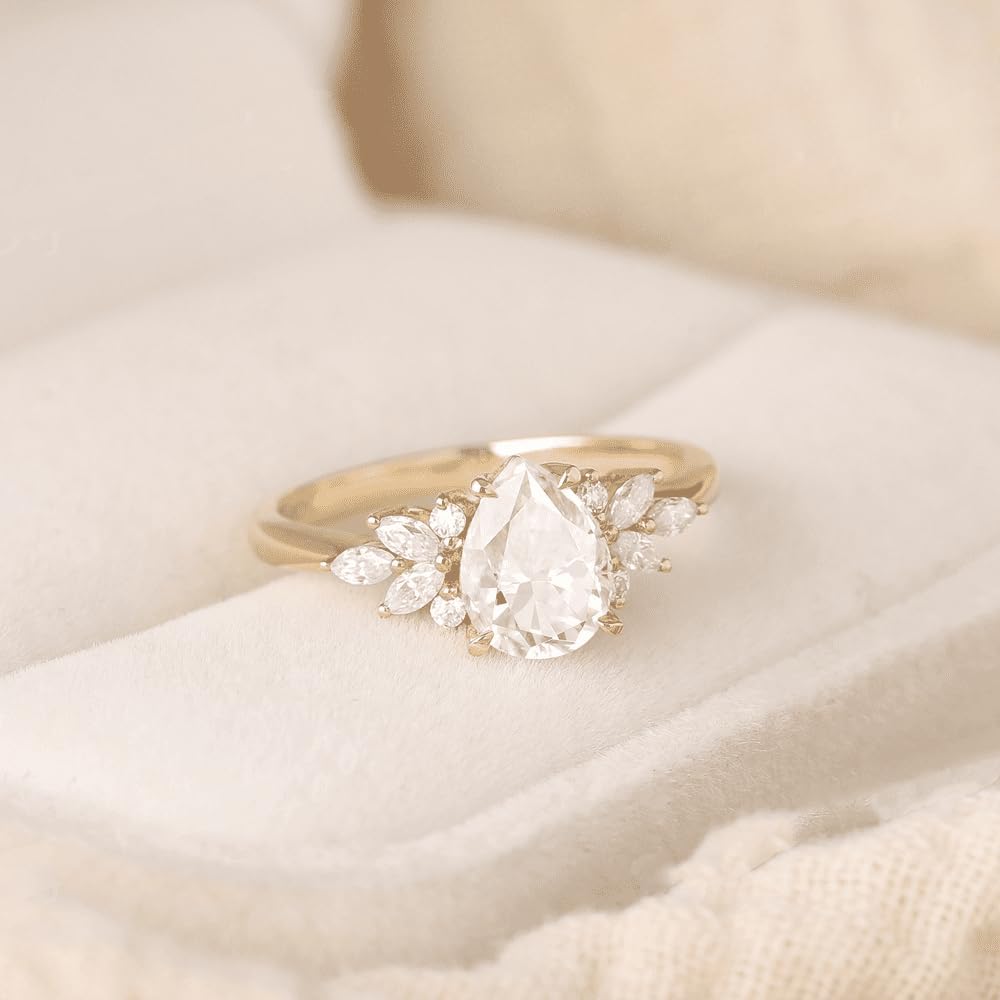 Aihpos 1.5 ct Pear Shaped Gemstone Engagement Rings For Women Unique Moissanite Cluster Wedding Ring 10k 14k 18k Gold Rose Gold Vintage Promise Ring Anniversary Bridal Rings For Her