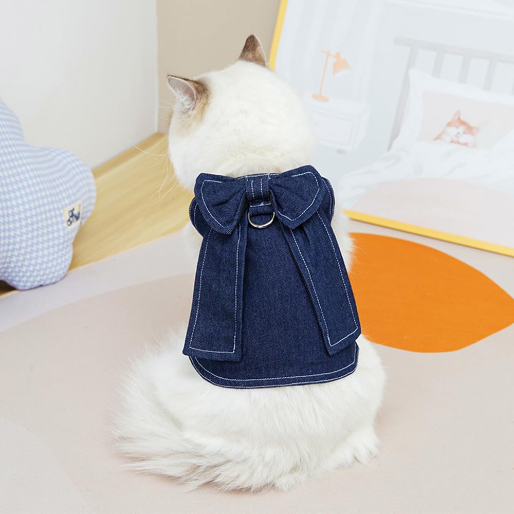 Denim Dog Dresses for Small Dogs Girl with D-Ring and Bow Decor Velcro,Dark Blue XS Girl Dog Clothes for Puppies Cats,Yorkie Chihuahua Clothes,Cute Puppy Cat Apparel (Small, Denim 02)