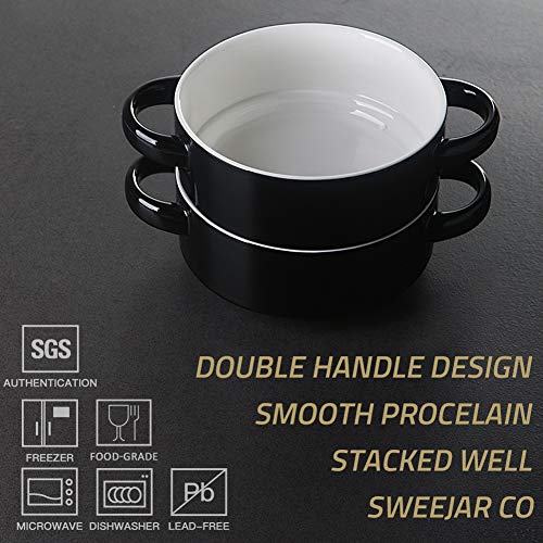Image of Sweejar Ceramic Soup Bowls with Double Handles, 20 Oz Stacked Bowls for French Onion Soup, Cereal, Pot Pies, Stew, Chill, Pasta, Set of 4 (Black)