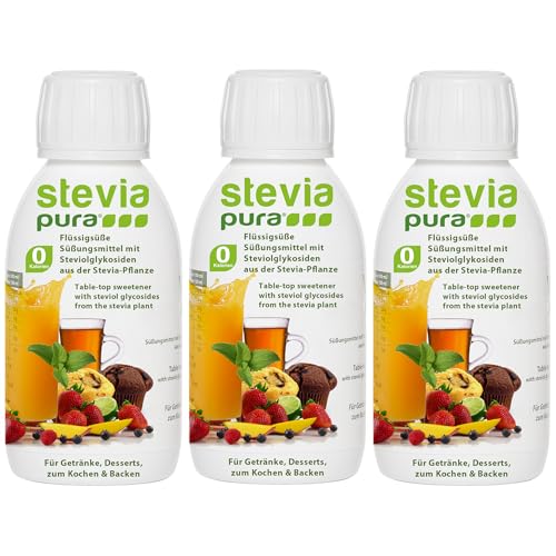 steviapura Stevia flüssig OHNE FRUCTOSE Natürlicher flüssiger Zuckerfreier Zuckerersatz ohne Kalorien, Vegan GMO-frei Süßstoff mit Steviolglycosiden aus Stevia Blättern der Steviapflanze | 3x150ml