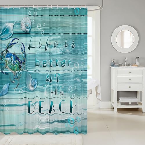 Homemissing Krabbe für Stände Küstenstrand Duschvorhang 180x200cm für Jungen Mädchen Bauernhaus Holz Sommer Hawaiianisches Seeleben Ozean Marine Muscheln Muster Ganze Saison