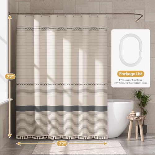 Image of AmazerBath Boho Shower Curtain Set, Grey Shower Curtain with Tassels, Rustic Faux Linen Gray Striped Modern Farmhouse Shower Curtain with Hooks, Light Tan Toned, 72x72 Inches