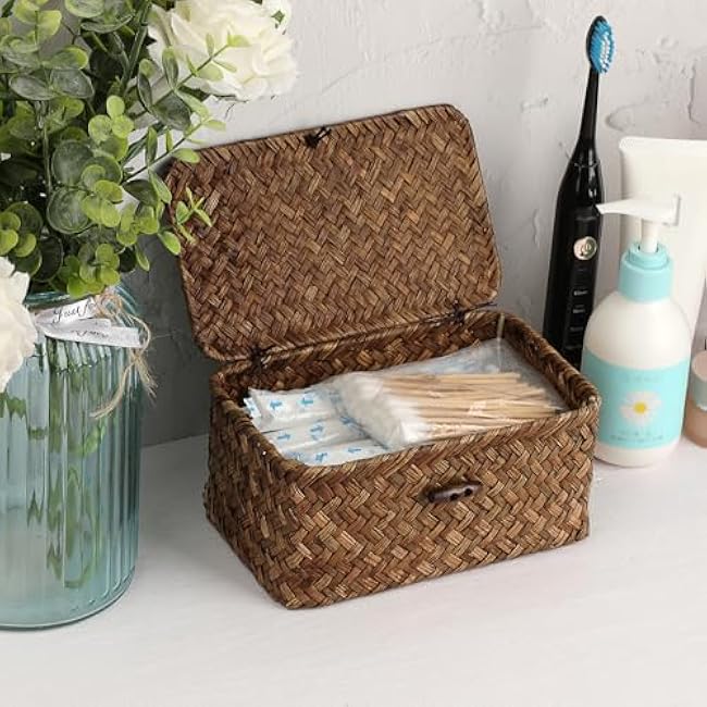 Handwoven Seagrass Basket Wicker Shelf Basket with Lid Rectangular Multipurpose Desktop Organizer Bin for Key Remote Control, Small,7.0 x 4.3 x 3.3