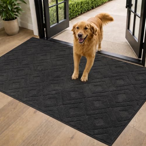 Nensium 3x5 FT Water Absorbent Indoor Door Mat, 0.3' Ultra Thin Entryway Rug for Inside Floor, Front Door Mat for Muddy Paws, Non-Slip Washable Entry Rug with Reinforced Edges, Dark Grey