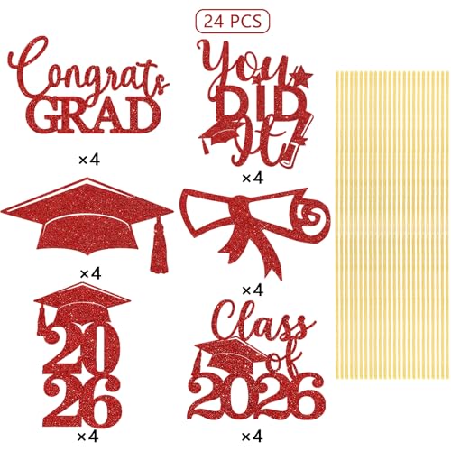 Image of Graduation Centerpiece Sticks 24PCS Glitter Grad Picks Party Table Decor Senior High School College Sign Red