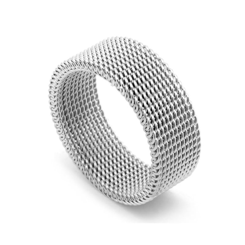 8MM Wide Mesh Ring, 925 Sterling Silver Adjustable Unisex Ring, Minimalist Deformable Net Design for Men and Women Size 10