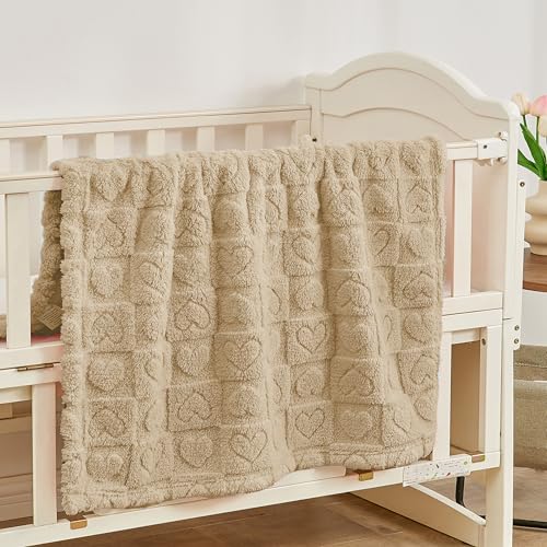 Image of Yurhap Heart Baby Blanket, Love Plush Fleece Baby Blankets for Boys Girls | Soft Sherpa Baby Boy Blankets for Infant Toddler Newborn Gifts, Fluffy Baby Essentials, For Crib Stroller, 30 inchx40 inch, Khaki