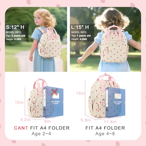 Image of Bluboon Toddler Backpack for Girls Boys 2-4 Cute 12 inch Preschool Kindergarten Backpacks Kids Daycare Bags School Travel (Strawberry-Beige, Age 2-4 (12 inch H not Fit A4 Folder))