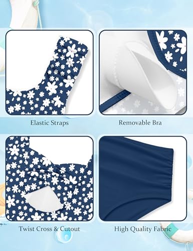 Image of Girls Tankini Swimsuit 2 Piece Bathing Suit Twist Cross Back Cutout Swim Tank Top Floral Print Swimwear for 7-18Y