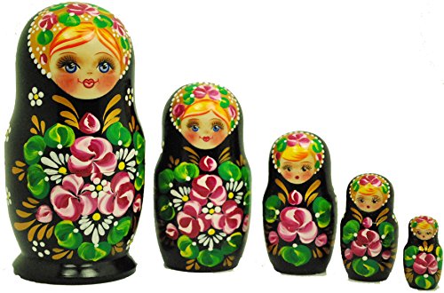 Beautiful Authentic Russian Hand Painted Black Pink Flower Nesting Dolls Set of 5 Matryoshkas