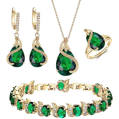 EVER FAITH Women Bridal Jewelry Set for Bride, Emerald Birthstone CZ Necklace Earrings Bracelet Ring...