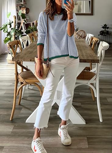 Image of Womens Striped Lightweight Cotton Sweaters Long Sleeve Crew Neck Color Block Casual Knitted Pullover Tops