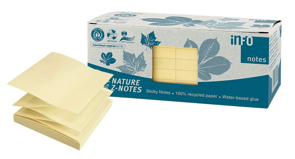 100% Recycling Haftnotizen, gelb, 75 x 75mm, zertifiziert mit dem Blauen Engel, 100 Blatt pro Block, 12 Blöcke in Recycling Box verpackt, 20 Boxen im Karton