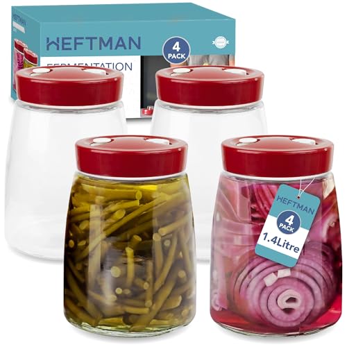 HEFTMAN Tarro de fermentación con ventilación de liberación de aire de 1 vía, 1,4 litros, paquete de 4 para kéfir, kimchi, chucrut (rojo)