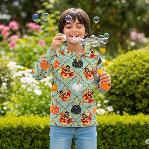 Kids Thanksgiving Golf Shirt for Boys 3-16Y Long Sleeve 1/4 Button Collared Tennis Outfits Holiday Party Tops3