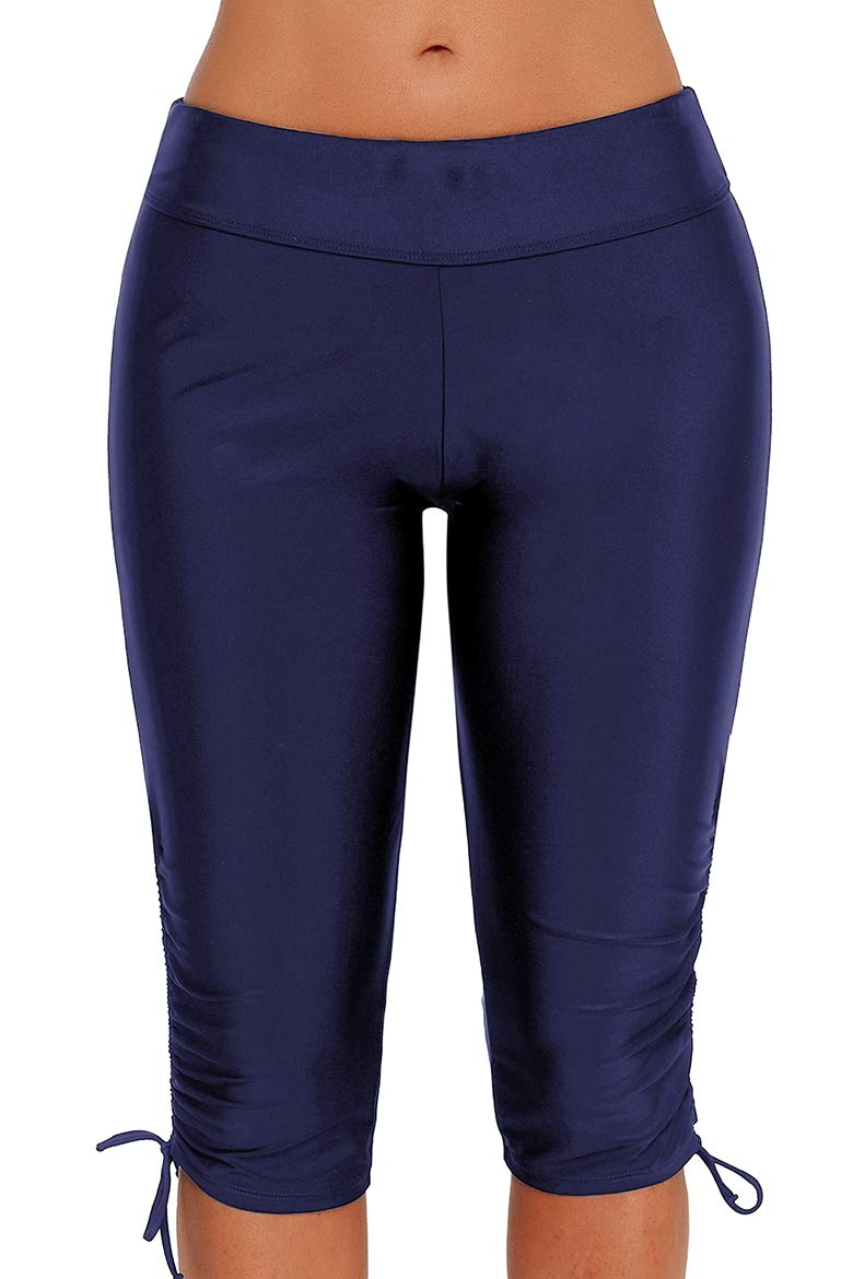 Cokar Women's Long Swim Shorts Plus Size Board Shorts Sports Tights with Side Ties Blue