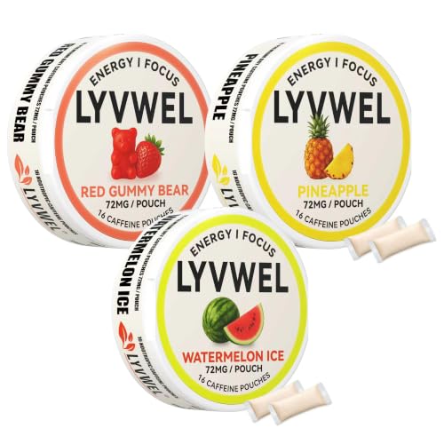 Image of LyvWel 72mg Caffeine Energy Pouches - Watermelon, Red Gummy Bear, Pineapple Crush - Juicy Clean Energy with Guarana - 3-Pack (48 Total Pouches)