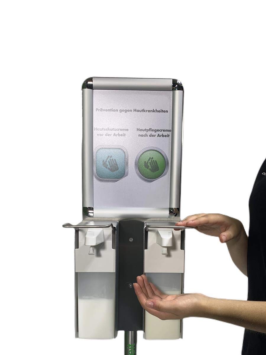 Przenośna podwójna stacja higieniczna HS-400 z tabliczką na np. środki dezynfekujące i produkty do pielęgnacji dłoni | 2 x pojemnik 500 ml | podstawa antracyt