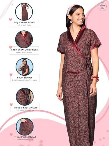 Image of 9shines Label Stylish Cotton Nighty Robe for Women | Front Open Floral Housecoat | Wrap Nighty with Pocket | Adjustable Waist Tie | Plus Size Housecoat (HC-2026)