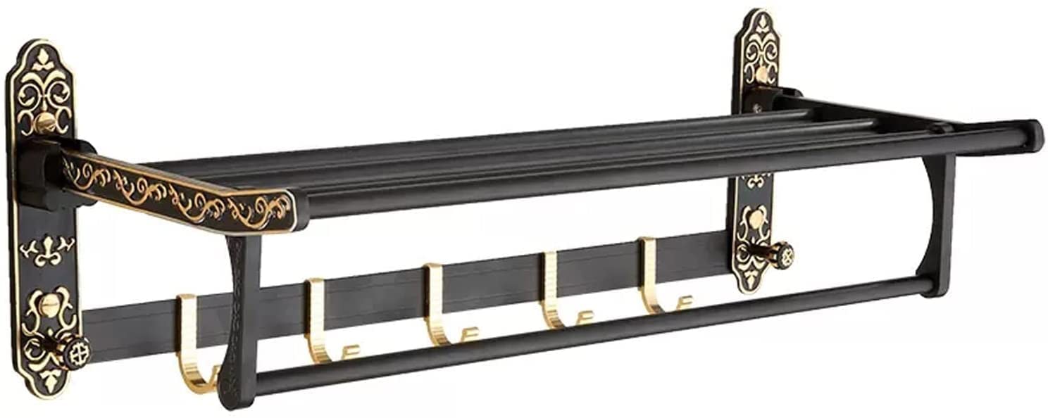 ELUKHT Shower Shelf Bathroom Shelf with Hand Towel Bar and 5 Hooks Black Retro Wall Mounted Bathroom Shelf