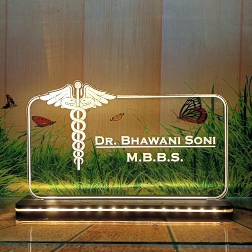 Image of Customized Laser Marking Signage Name Plate For Table Stand, For Doctor, For CA, For Dentist, For Office, Warm White Light (6x8 Inch)