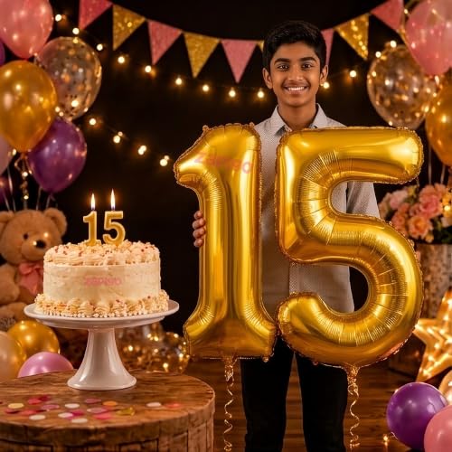 Image of Balloonistics Gold 40-Inch Foil Number 15 Balloon with Matching Number Candle - Combo Set for 15th Birthday, Anniversary, Party Decoration, Photo Booth Backdrop