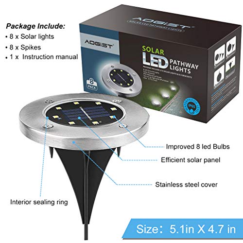 Aogist Solar Ground Lights,8 LED Garden Lights Patio Disk Lights In-Ground Outdoor Landscape Lighting for Lawn Patio Pathway Yard Deck Walkway