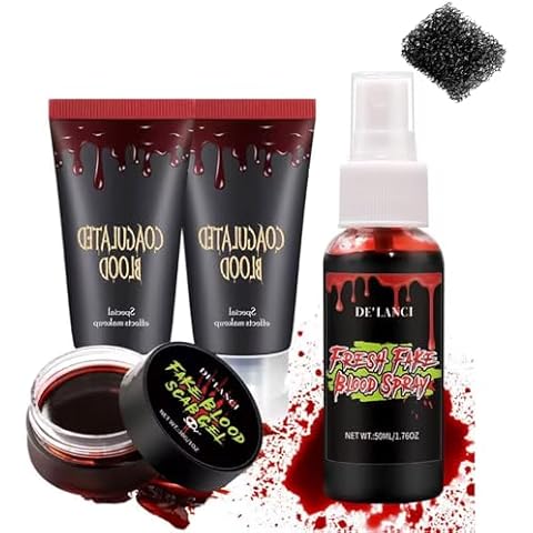Edible Fake Blood Gel+Fake Blood Spray Splatter+Fake Scabs Coagulated Blood+Stipple Sponge, Washable Fake Blood for Clothes Eyes Face Skin, Realistic Sfx Halloween Makeup Kit for Vampire, Zombie(5Pcs) Cover