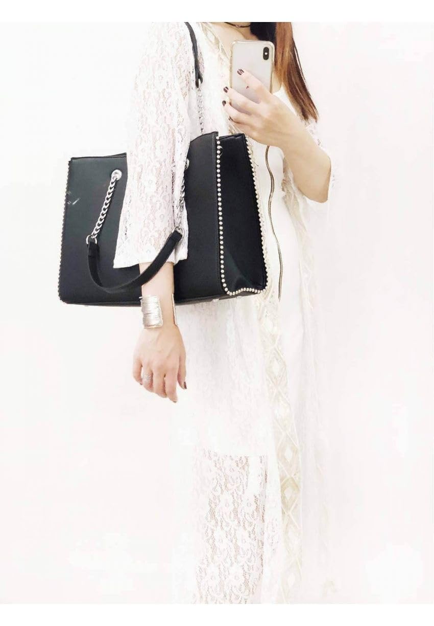 Double Tree Sac à Main Femmes Chaîne Perle Bille Clou - Cours Grand Format A4 Lycée - Cabas Shopping Fourre-Tout Taille XL - Porté Epaule Ville Similicuir PU - Chic Tendance