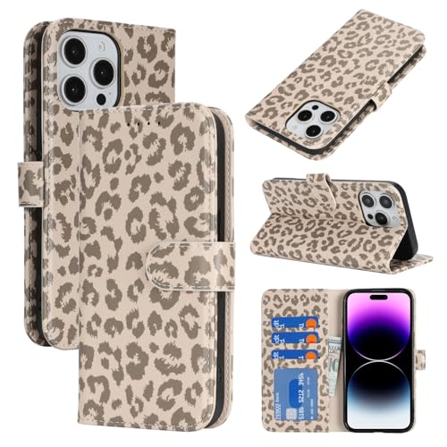 Image of for iPhone 14 Pro Max Case Wallet with Card Holder,for iPhone 14 Pro Max Wallet Case for Women Men,PU Leather Shockproof Magnetic Buckle Stand Flip Phone Case-Beige Leopard