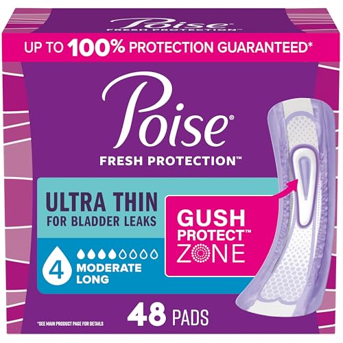 Poise Ultra Thin Incontinence & Postpartum Pads for Bladder Leaks 4 Drop Moderate Absorbency Long Length 48 Count (Packaging May Vary)