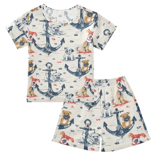 ALAZA Anchor and Dogs Pajama Set Short Sleeve Sleepwear Soft Lounge Nightwear