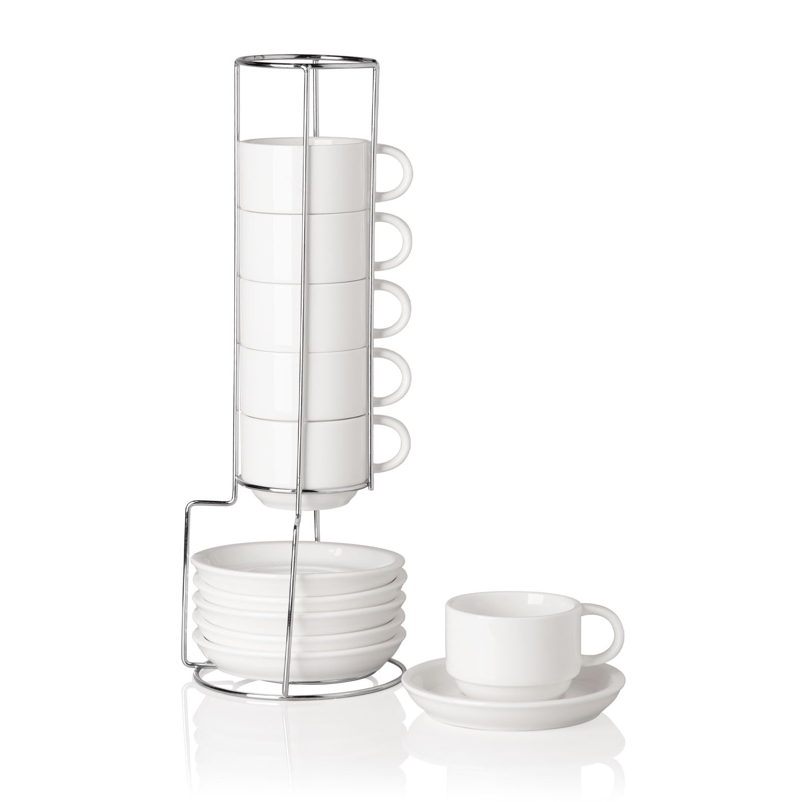 Sweejar Home Lot de 6 tasses à expresso et soucoupes empilables en porcelaine avec support en métal pour latte, café, moka, thé 120 ml (blanc)