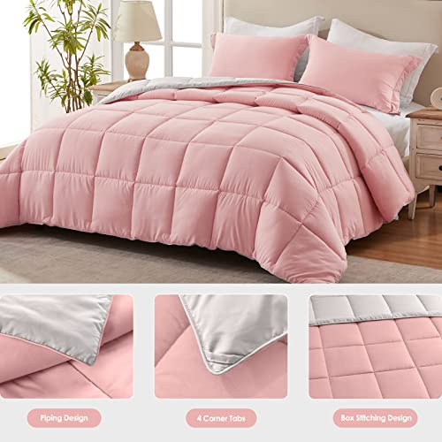 Homelike Moment Comforter Set, Queen Size Pink And Grey Bed Comforters, All Season Lightweight Full Bedding, Reversible Duvet Insert 3 Pieces - 1 Comforter 2 Pillow Shams, Summer Blanket #TOP2