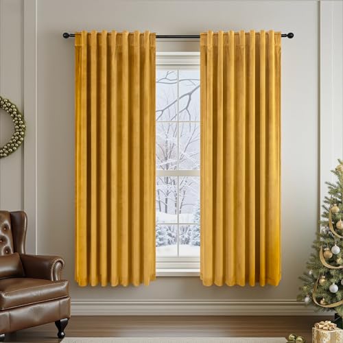 Image of Halloween Warm Gold Velvet Curtains 72 Inch Length for Bedroom Living Room Darkening Drapes for Family Room Holiday Fete Back Loop Pocket Classic Privacy Panels for Summer Winter Mustard Yellow Golden