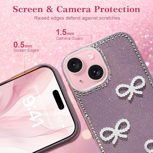 Image of DIZORO Compatible for iPhone 13 / iPhone 14 Cover 6.1, Luxury Diamond Cute with Bow Glitter Bling Case with Full Camera Protection PC+TPU Glossy Shiny Back Cover Case for Girls Women (Lavender)