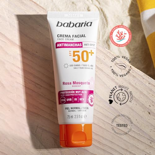 Miniatura 4 de Babaria Protector Solar Facial SPF50+ Antimanchas con Rosa Mosqueta 75 ml – Antiarrugas, Hidratante y Coral Friendly - Crema Solar Facial 50 Mujer