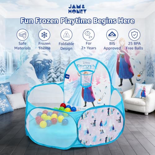 Image of Amazon Brand - Jam & Honey Disney Frozen Pop-Up Ball Pool Tent with 25 Balls & Basketball Hoop | Non-BPA Balls | Indoor & Outdoor Play Tent | 2+ Years
