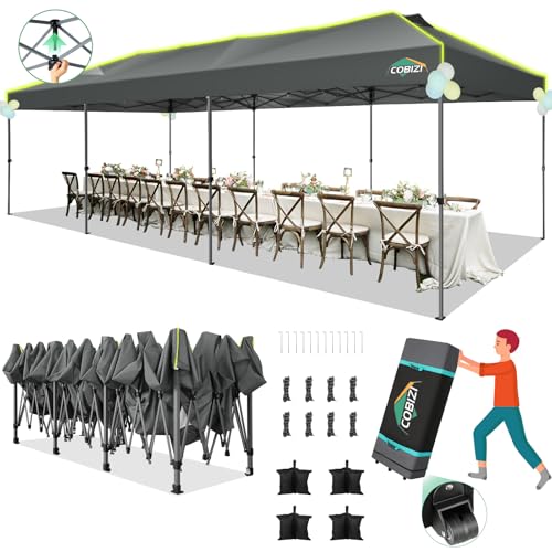 Image of COBIZI 10x30 Pop Up Canopy One Push Party Tent with Air Vent Waterproof Commercial Outdoor Patio Gazebo for Parties Wedding Backyard Events, 3 Adjustable Height, Wheeled Bag, Sandbag, Stakes, Gray