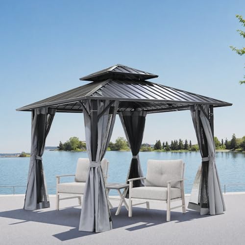 SeeHill 10' x 10' Hardtop Gazebo, Aluminum Frame Outdoor Patio Gazebos with Netting and Curtains, Outdoor Gazebo Canopy, Patio Pergola with Double Steel Roofs for Backyard, Patio, Deck, Slate Gray