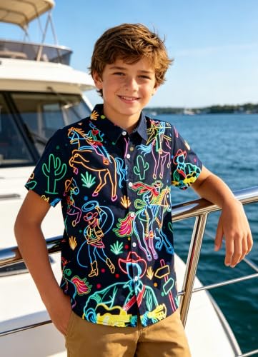 Image of uideazone Boys Hawaiian Shirts Novelty Printed Funky Short Sleeve Button Down Shirt Kids Aloha Luau Shirt 7-14T