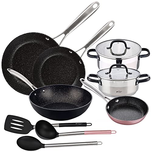 Batería de cocina con: cacerolas 20x8.5 y 24x10.5 cm con tapas, acero inoxidable, inducción, y sartenes 16x4.0, 20x5.0, 28x6.0 y wok 28x8.0 cms, al