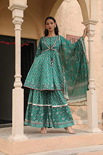 Image of ishin Women's Cotton Kurta With Sharara & Dupatta