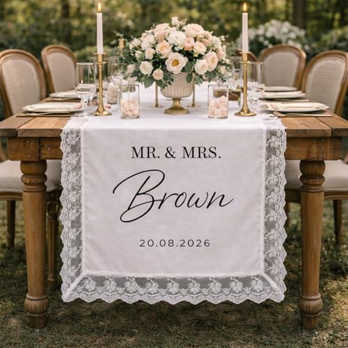 Custom Linen Wedding Table Runner with Lace Personalized Fabric Wedding Banner Welcome Sign for Sweetheart Table Decor Rustic Outdoor Garden Reception Bridal Shower Engagement Party Decoration