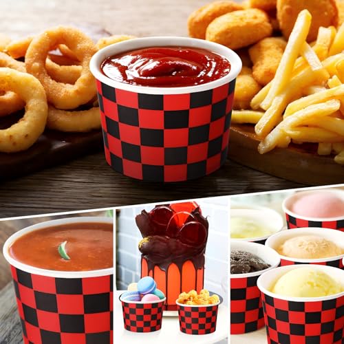 Image of Zopeal 50 Count Red and Black Checkered Ice Cream Cups 9 oz Race Car